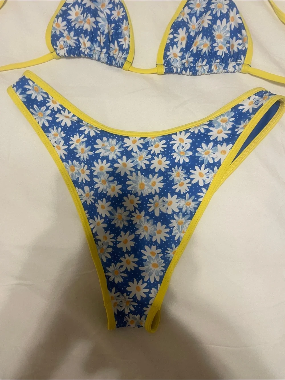 Frankie's Bikinis Blue Daisy Triangle Dove Classic Bikini with Yellow Trim